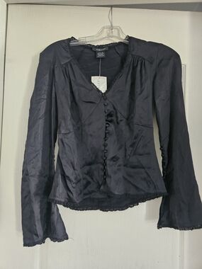 Black Silk Button-Front Top with Bell Sleeves